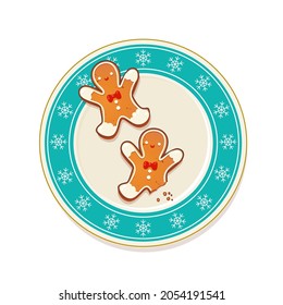 Gingerbread Christmas cookies on blue plate with snowflakes. Top view vector illustration for new year and winter holiday design.
