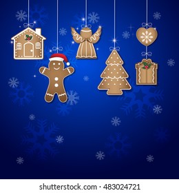 Gingerbread Christmas Cookies on blue background