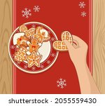 Gingerbread Christmas cookies on red plate with snowflakes and human hand holding one cookie. Top view vector illustration for new year and winter holiday design.