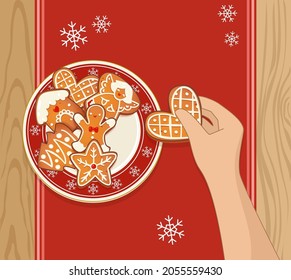 Gingerbread Christmas cookies on red plate with snowflakes and human hand holding one cookie. Top view vector illustration for new year and winter holiday design.