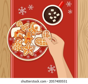 Gingerbread Christmas cookies on red plate with snowflakes and hot cocoa. Human hand holding one cookie. Top view vector illustration for new year and winter holiday design.