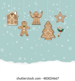 Gingerbread Christmas Cookies on snow background