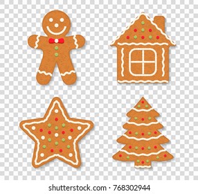 Gingerbread Christmas cookies on transparent background - man, tree, house and star, vector eps10 illustration