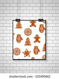 Gingerbread. Christmas cookies realistic on brick wall. Seamless pattern. Vector illustration, eps10.