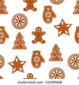 Gingerbread. Christmas cookies realistic. Seamless pattern. Vector illustration, eps10. Greeting card or poster design for Christmas holidays. Five different types of cute cookies.