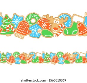 Gingerbread Christmas cookies seamless border. Horizontal vector cartoon pattern for frame. Homemade biscuits decorated with sugar icing