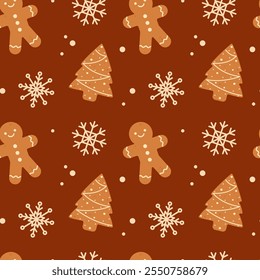 Gingerbread Christmas cookies seamless pattern. Christmas print for fabric and wrapping paper. Flat vector illustration 