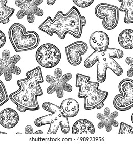 Gingerbread Christmas cookies seamless pattern decorated with icing. Hand drawn vector background. Traditional Xmas ginger cookie. Man, heart, fir tree.Isolated Xmas holiday dessert.