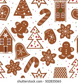 Gingerbread Christmas Cookies seamless pattern vector. Funny gingerbread figures. Xmas tree, snowflakes, cane, heart, star, bell, detailed house, mittens. Design elements for postcards, wrapping