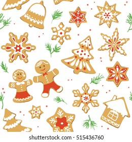 Gingerbread Christmas cookies seamless pattern. Vector illustration.