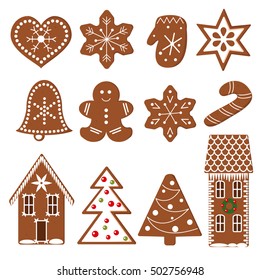 Gingerbread Christmas Cookies. Set of funny decorated gingerbread figures. Xmas tree, snowflakes, cane, heart, star, bell, detailed house, mittens. Vector design elements for postcards decoration