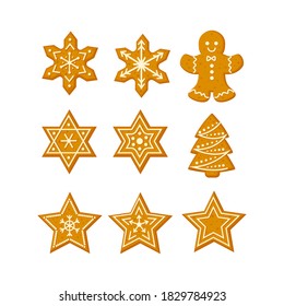 Gingerbread  Christmas cookies set with stars snowflakes Christmas tree and ginger man vector illustration in a cartoon flat style isolated on white background.