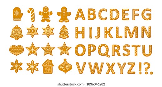 Gingerbread  Christmas cookies set with stars snowflakes Christmas tree and ginger man and alphabet vector illustration in a cartoon flat style isolated on white background.