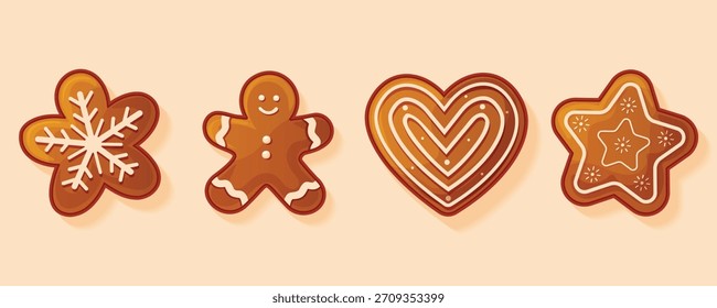 Gingerbread Christmas Cookies Set Vector Illustration Heart Star Man.