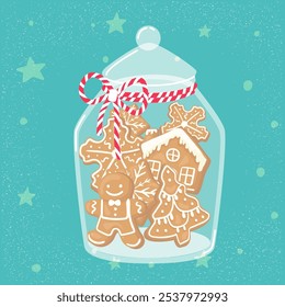 Gingerbread Christmas cookies in the shape of a tree, house, man, and snowflake inside a glass jar. Vector illustration.