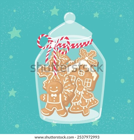 Gingerbread Christmas cookies in the shape of a tree, house, man, and snowflake inside a glass jar. Vector illustration.