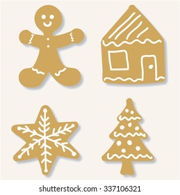 Gingerbread Christmas Cookies, simple vectors. Includes gingerbread man, house, star and Christmas tree with white icing. 