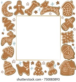 Gingerbread Christmas Cookies. Snowflake, dog, bone, star, trees, bell, home, moon, Santa Claus. Merry Christmas.New Year. Template for greeting card, postcard with space for text. Vector illustration