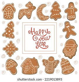 Gingerbread Christmas Cookies - Snowflake, moon, ball, angel, man, home, trees. Merry Christmas and Happy New Year card. Template for greeting card, postcard. Vector