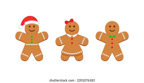 Gingerbread Christmas cookies. Three classic ginger bread man and woman figures. Noel holiday sweet dessert isolated on white background. Xmas cute biscuits. Vector illustration.