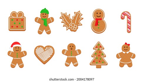 Gingerbread Christmas cookies. Xmas cute biscuits. Classic ginger bread men, tree, gift, holly, snowman and heart. Noel holiday sweet dessert isolated on white background. Vector illustration.