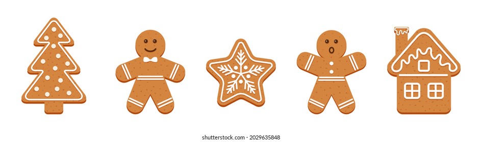 Gingerbread Christmas cookies. Xmas cute biscuits. Classic ginger bread men, tree, snowflake and house. Noel holiday sweet dessert isolated on white background. Vector illustration.