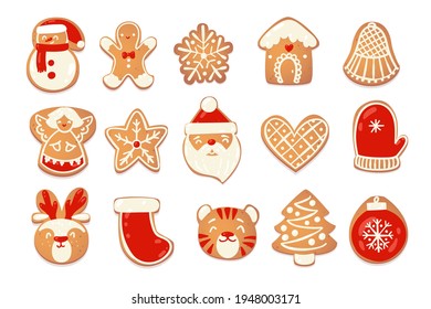 Gingerbread christmas cute cookies set. Biscuit charecters for new year design. Vector catroon illustration.