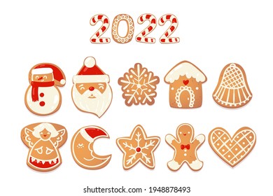 Gingerbread christmas cute cookies set. Biscuit charecters for new year design. Vector catroon illustration.
