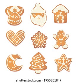 Gingerbread christmas cute cookies set. Biscuit charecters for new year design. Vector catroon illustration.