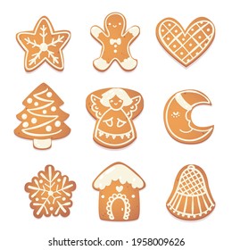 Gingerbread christmas cute cookies set. Biscuit charecters for new year design. Vector catroon illustration.