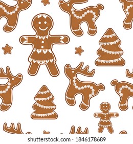 Gingerbread Christmas deer, men and Christmas trees decorated with openwork braid for decoration on a seamless pattern