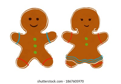 Gingerbread Christmas edition. A cake shaped man and woman with icing in red, blue and white. Perfect for art, postcards, cards, wall decor, t-shirts, cards, prints, drawing books, coloring books,ect.