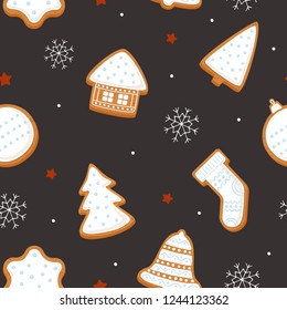 Gingerbread for Christmas fabrics and decor. Seamless pattern for winter, new year and christmas theme. Set of decorative holiday symbols. Seasonal vector illustration.