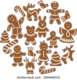 Gingerbread Christmas figurines decorated with lace braid for decoration
