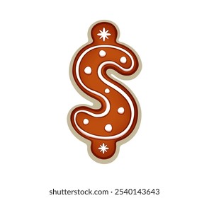 Gingerbread Christmas font or cookie dollar sign type, vector Xmas typeface. Christmas font of gingerbread cookie in dollar symbol with snowflake icing for winter holiday bakery decoration or greeting