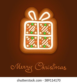 Gingerbread Christmas gift decorated icing. Holiday cookie in shape of Christmas gift for christmas, winter holiday, new year's day, new year's sweet pastry. Vector illustration