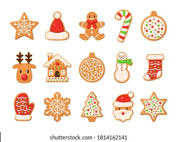 Gingerbread. Christmas gingerbreads santa and cane, xmas tree, ginger cake man, snowflake, snowman and sock, home and star homemade sweet sugar glaze cookie or winter food biscuit vector isolated set