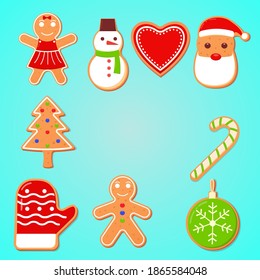 Gingerbread. Christmas gingerbreads santa and cane, xmas tree, ginger cake man, snowflake, snowman and sock, home and star homemade sweet sugar glaze cookie or winter food biscuit vector isolated set