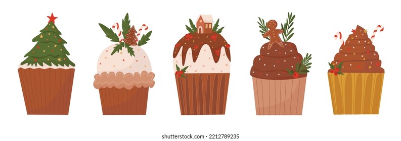 Gingerbread. Christmas gingerbreads santa and cane, xmas tree, ginger cake man, snowflake, snowman and sock, home and star homemade sweet sugar glaze cookie or winter food biscuit vector isolated set