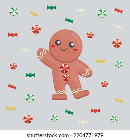 Gingerbread for Christmas holiday. Cheerful, cute gingerbread character. Vector illustration or sticker Merry Christmas and Happy New Year. Drawing for postcard, poster or background