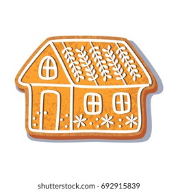 Gingerbread christmas house cookie vector isolated illustration on a white background. New year baked candy cartoon sweet cake. Traditional winter holiday home treat