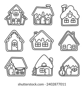 Gingerbread Christmas house decorated with candies. Coloring Page. Sweet cookie. Hand drawn style. Vector drawing. Collection of design elements.