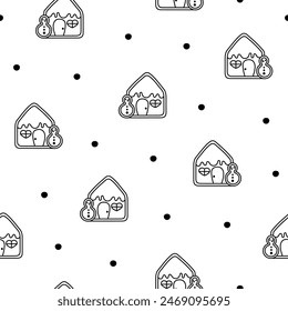 Gingerbread christmas house decorated with candies. Seamless pattern. Coloring Page. Sweet cookie. Hand drawn style. Vector drawing. Design ornaments.