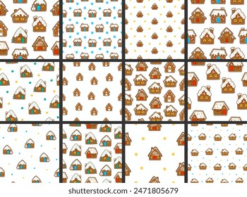 Gingerbread christmas house decorated with candies. Seamless pattern. Sweet cookie. Hand drawn style. Vector drawing. Collection of design ornaments.