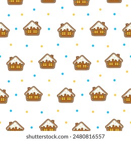 Gingerbread christmas house decorated with candies. Seamless pattern. Sweet cookie. Hand drawn style. Vector drawing. Design ornaments.