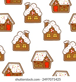Gingerbread christmas house decorated with candies. Seamless pattern. Sweet cookie. Hand drawn style. Vector drawing. Design ornaments.