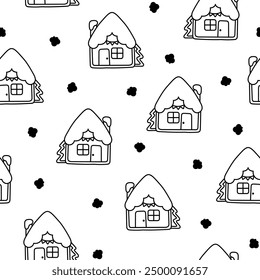 Gingerbread christmas house decorated with candies. Seamless pattern. Coloring Page. Sweet cookie. Hand drawn style. Vector drawing. Design ornaments.