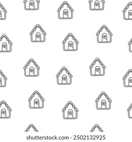 Gingerbread christmas house decorated with candies. Seamless pattern. Coloring Page. Sweet cookie. Hand drawn style. Vector drawing. Design ornaments.
