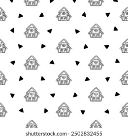 Gingerbread christmas house decorated with candies. Seamless pattern. Coloring Page. Sweet cookie. Hand drawn style. Vector drawing. Design ornaments.