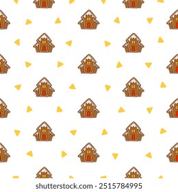 Gingerbread christmas house decorated with candies. Seamless pattern. Sweet cookie. Hand drawn style. Vector drawing. Design ornaments.